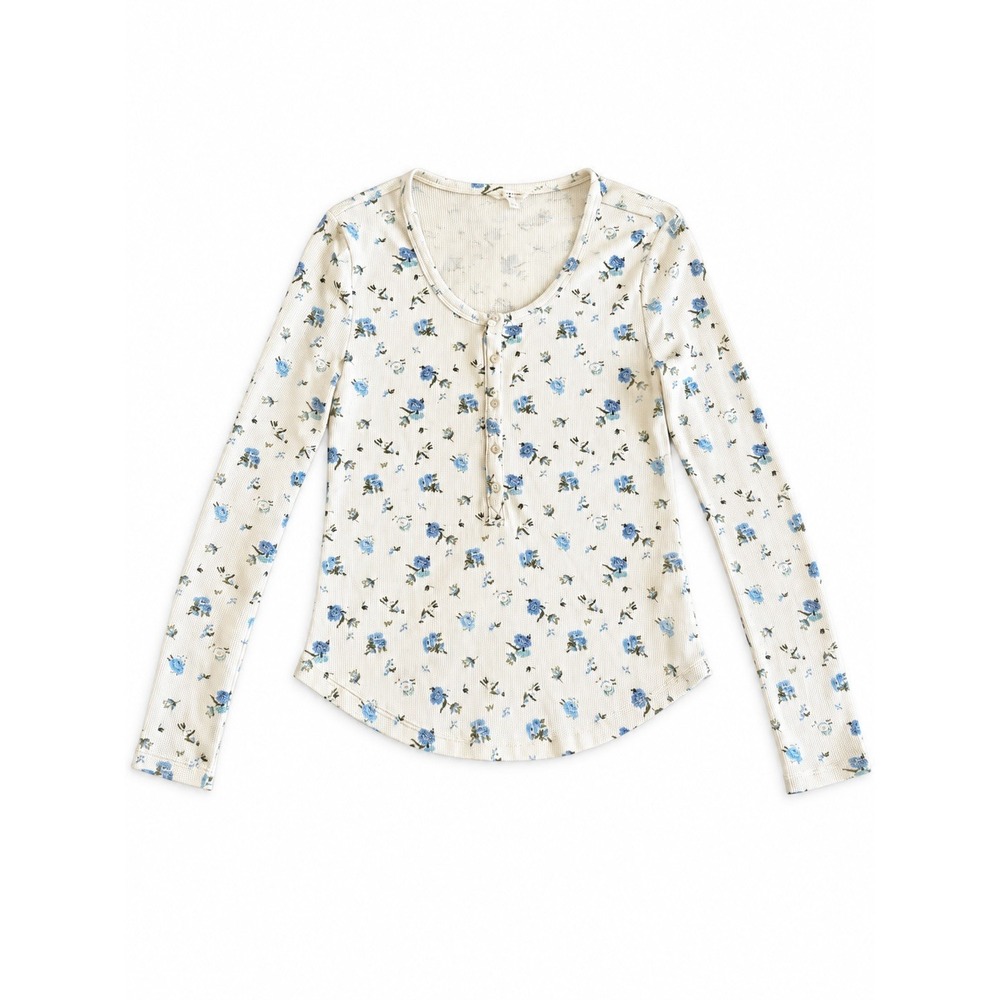 Lucky Brand Floral Waffle Knit Henley Top White Blue Scoop Neck Size Small